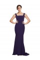 Affordable Sleeveless Square Neck Stretch Crepe Dark Navy Sweep Train Prom Dress Canada