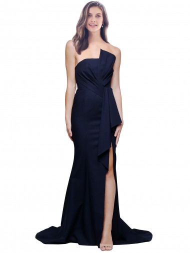 Affordable Sleeveless Strapless Stretch Crepe Dark Navy Sweep Train Prom Dress Canada