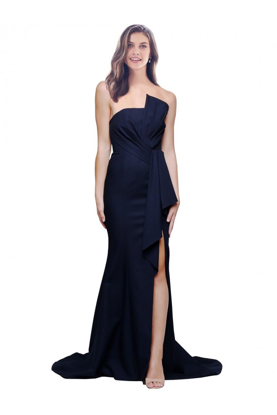 Affordable Sleeveless Strapless Stretch Crepe Dark Navy Sweep Train Prom Dress Canada