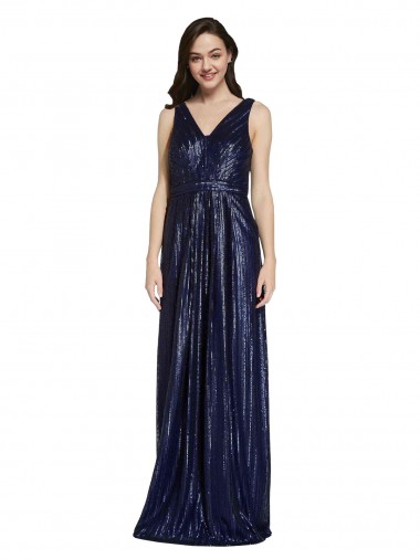 Affordable Sleeveless V-Neck Sequin Dark Navy Sheath Long Prom Dress Canada