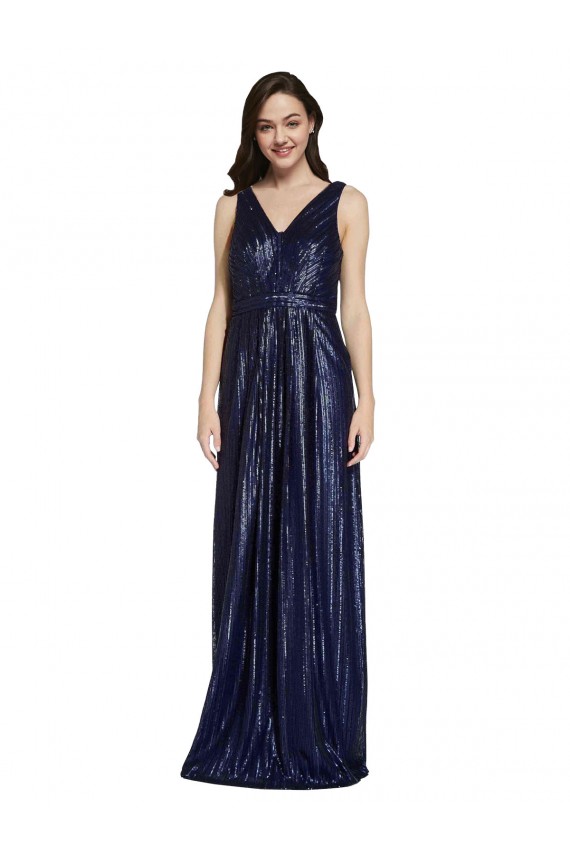Affordable Sleeveless V-Neck Sequin Dark Navy Sheath Long Prom Dress Canada