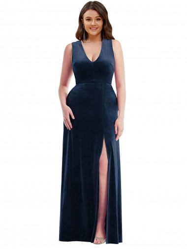 Affordable Sleeveless V-Neck Stretch Velvet Dark Navy Long Plus Size Formal Prom Dress Canada