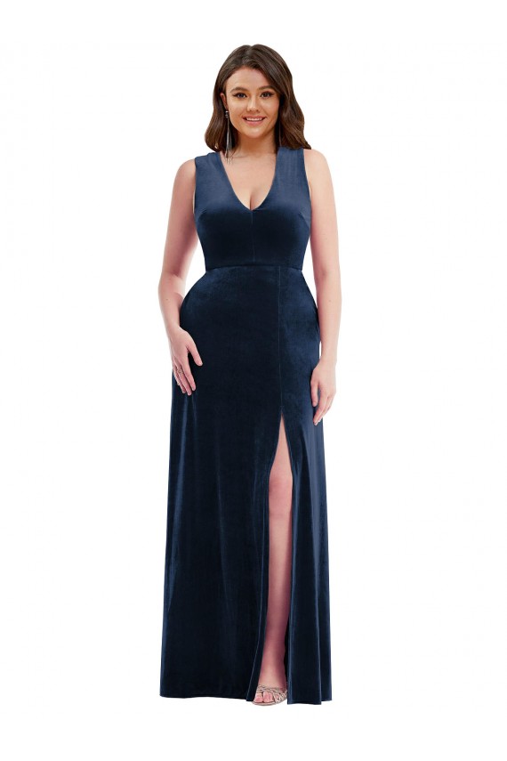 Affordable Sleeveless V-Neck Stretch Velvet Dark Navy Long Plus Size Formal Prom Dress Canada