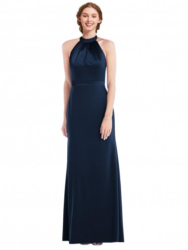 Affordable Sleeveless High Neck Stretch Crepe Dark Navy Long Prom Dress Canada