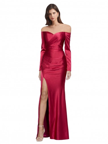 Affordable Long Sleeves Sweetheart Stretch Satin Dark Red Long Prom Dress Canada