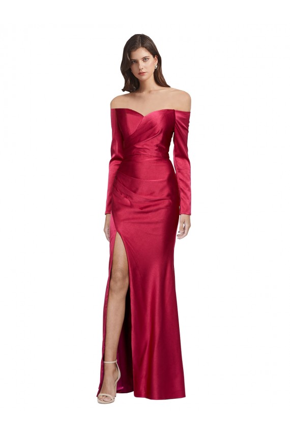 Affordable Long Sleeves Sweetheart Stretch Satin Dark Red Long Prom Dress Canada