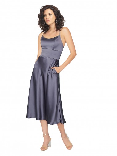 Affordable Sleeveless Scoop Neck Silky Satin Dusk Midi Length Prom Dress Canada