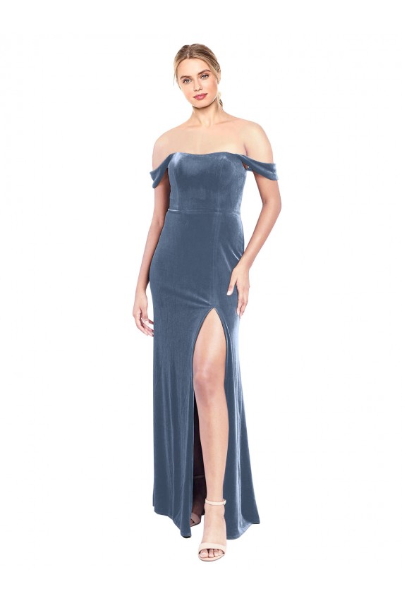Affordable Sleeveless Strapless Stretch Velvet Dusty Blue Long Prom Dress Canada