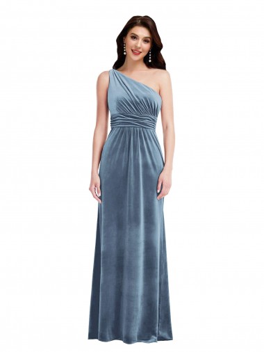 Affordable Sleeveless Off the Shoulder Stretch Velvet Dusty Blue Long Prom Dresses Canada