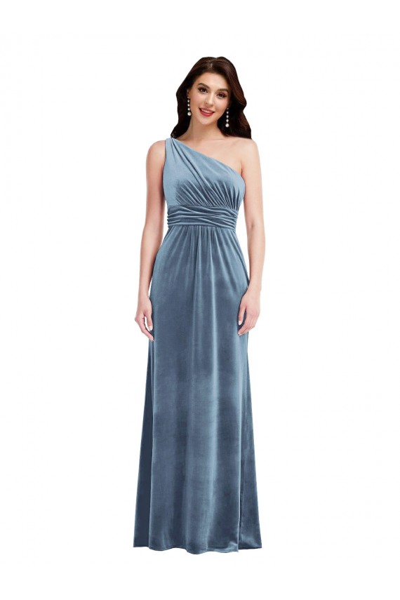 Affordable Sleeveless Off the Shoulder Stretch Velvet Dusty Blue Long Prom Dresses Canada
