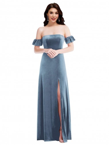 Affordable Ruffle Sleeves Off the Shoulder Stretch Velvet Dusty Blue Long Prom Dress Canada
