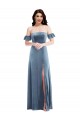 Affordable Ruffle Sleeves Off the Shoulder Stretch Velvet Dusty Blue Long Prom Dress Canada