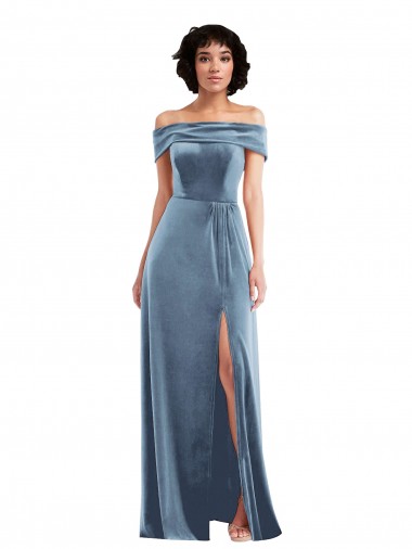 Affordable Sleeveless Off the Shoulder Stretch Velvet Dusty Blue Long Prom Dress Canada