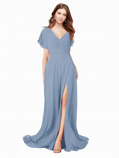 Affordable Cap Sleeves V-Neck Soft Chiffon Dusty Blue Long Black Tie Prom Dress Canada