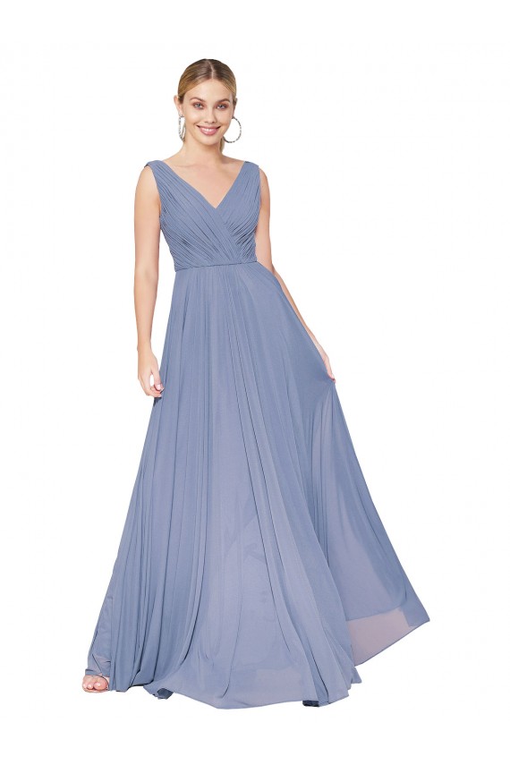 Affordable Sleeveless High Neck Soft Chiffon Dusty Blue Long Prom Dress Canada