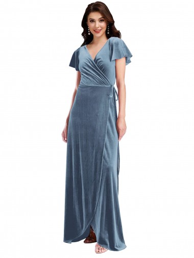 Affordable Flutter Sleeves V-Neck Stretch Velvet Dusty Blue Long Black Tie Prom Dress Canada