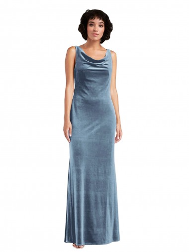 Affordable Sleeveless Cowl Neck Stretch Velvet Dusty Blue Long Prom Dress Canada
