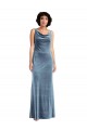 Affordable Sleeveless Cowl Neck Stretch Velvet Dusty Blue Long Prom Dress Canada