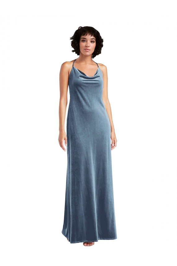 Affordable Sleeveless Cowl Neck Stretch Velvet Dusty Blue Long V-Back Prom Dress Canada