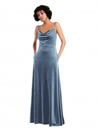 Affordable Sleeveless Cowl Neck Stretch Velvet Dusty Blue Long Criss Cross Open Back Prom Dress Canada