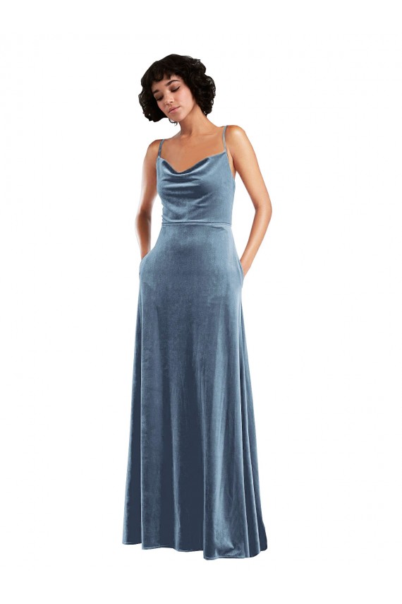 Affordable Sleeveless Cowl Neck Stretch Velvet Dusty Blue Long Criss Cross Open Back Prom Dress Canada