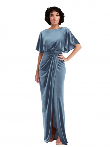 Affordable Flutter Sleeves Stretch Velvet Dusty Blue Long Prom Dress Canada