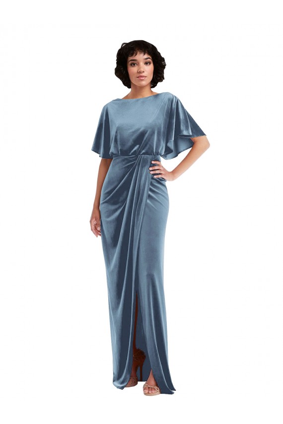 Affordable Flutter Sleeves Stretch Velvet Dusty Blue Long Prom Dress Canada