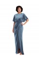 Affordable Flutter Sleeves Stretch Velvet Dusty Blue Long Prom Dress Canada