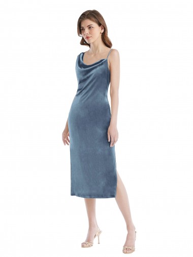 Affordable Sleeveless One Shoulder Stretch Velvet Dusty Blue Long Prom Dress Canada
