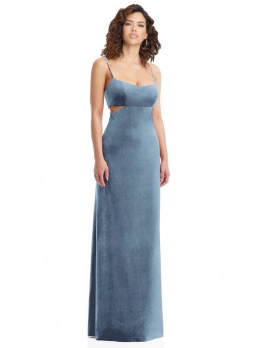 Affordable Sleeveless Square Neck Stretch Velvet Dusty Blue Long Prom Dress Canada