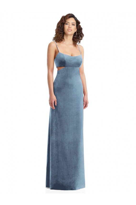 Affordable Sleeveless Square Neck Stretch Velvet Dusty Blue Long Prom Dress Canada