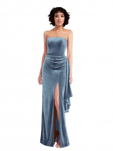 Affordable Sleeveless Strapless Stretch Velvet Dusty Blue Long Low Back Prom Dress Canada