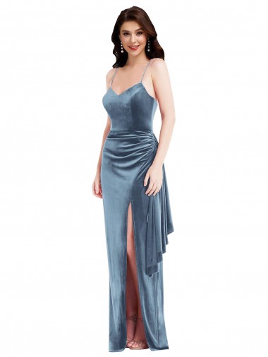Affordable Sleeveless Spaghetti Straps Stretch Velvet Dusty Blue Long Low Back Prom Dress Canada