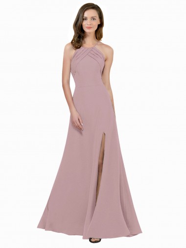 Affordable Sleeveless High Neck Stretch Crepe Dusty Pink A-Line Long Prom Dress Canada