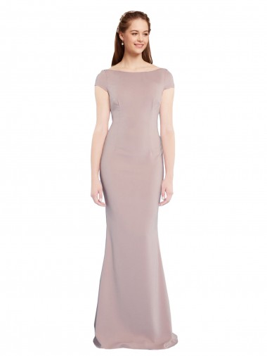 Affordable Cap Sleeves Boat Neck Stretch Crepe Dusty Pink Long Prom Dress Canada