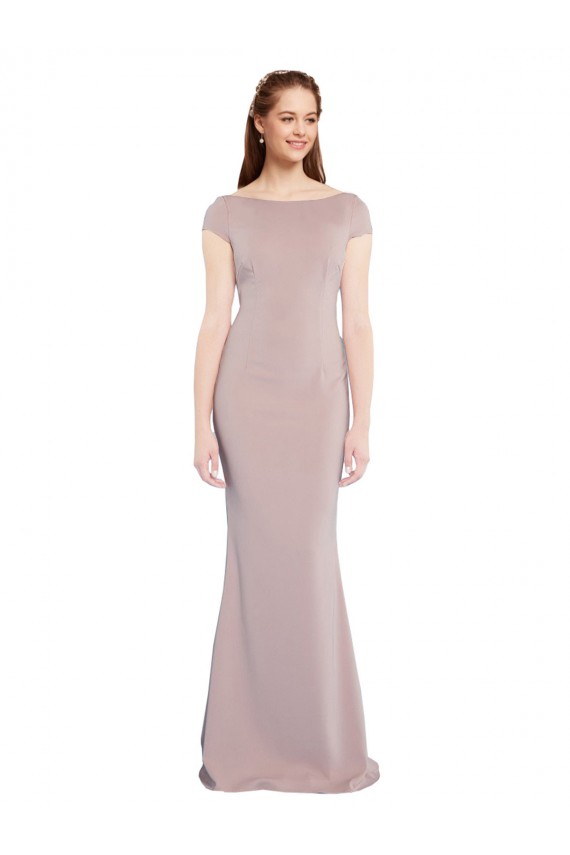 Affordable Cap Sleeves Boat Neck Stretch Crepe Dusty Pink Long Prom Dress Canada