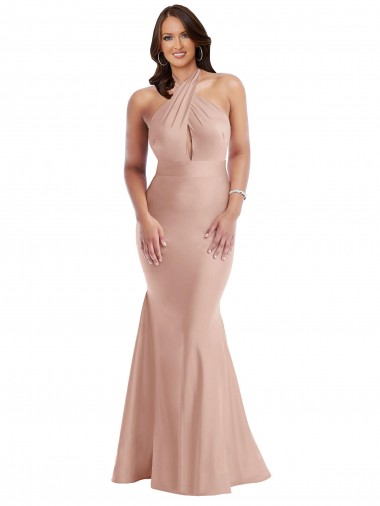 Affordable Sleeveless Halter Neck Silky Satin Dusty Pink Long Plus Size Formal Prom Dress Canada