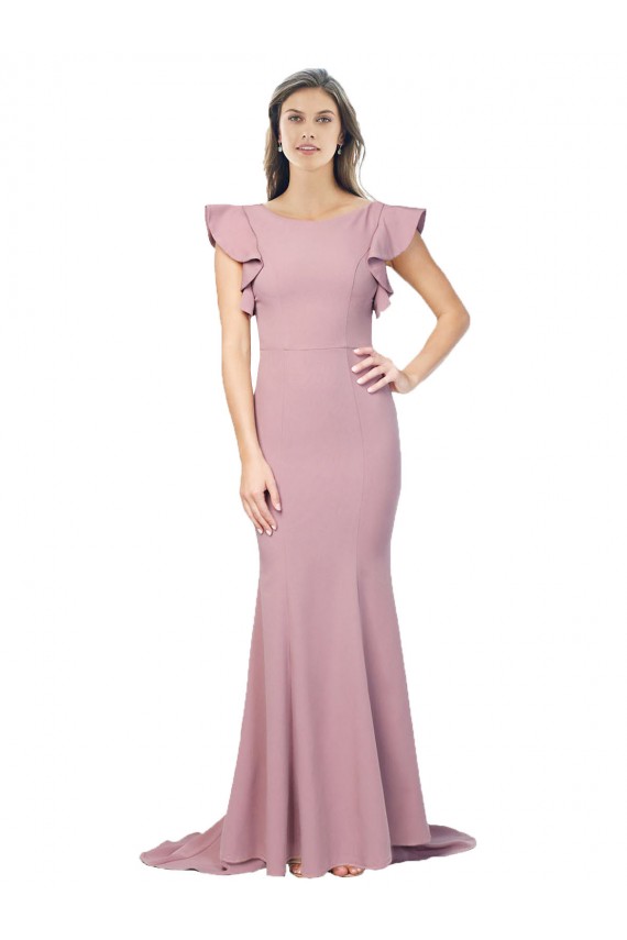 Affordable Flutter Sleeves Round Neck Stretch Crepe Dusty Pink Sweep Train Prom Dress Canada