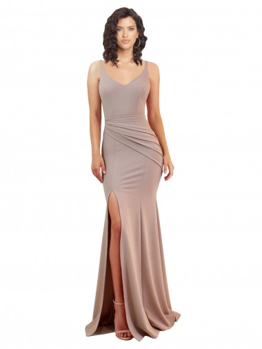 Affordable Sleeveless V-Neck Stretch Crepe Dusty Pink Long Black Tie Prom Dress Canada