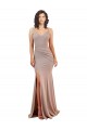 Affordable Sleeveless V-Neck Stretch Crepe Dusty Pink Long Black Tie Prom Dress Canada