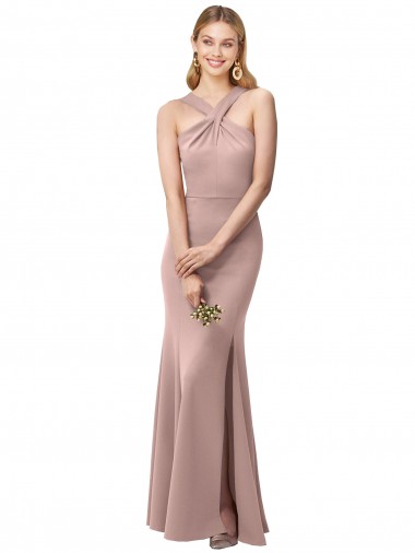 Affordable Sleeveless High Neck Stretch Crepe Dusty Pink Sheath Long Prom Dress Canada