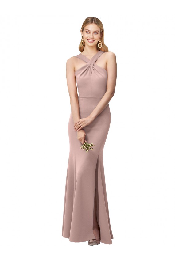Affordable Sleeveless High Neck Stretch Crepe Dusty Pink Sheath Long Prom Dress Canada