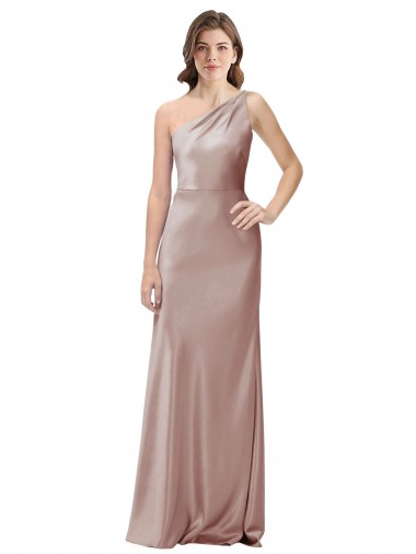 Affordable Sleeveless One Shoulder Stretch Satin Dusty Pink Long Prom Dress Canada