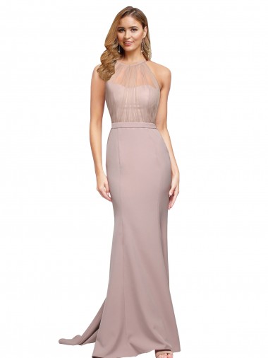 Affordable Sleeveless High Neck Stretch Crepe Dusty Pink Sweep Train Prom Dress Canada