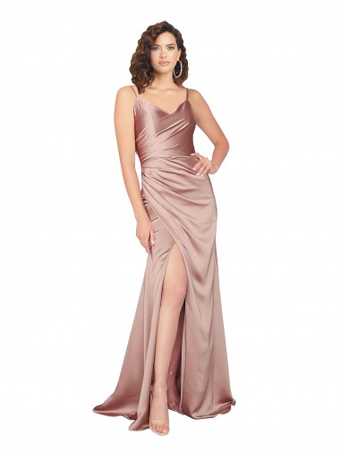 Affordable Sleeveless V-Neck Silky Satin Dusty Pink Long Black Tie Prom Dress Canada