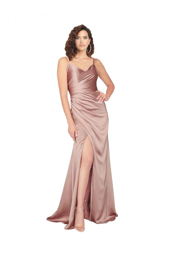 Affordable Sleeveless V-Neck Silky Satin Dusty Pink Long Black Tie Prom Dress Canada