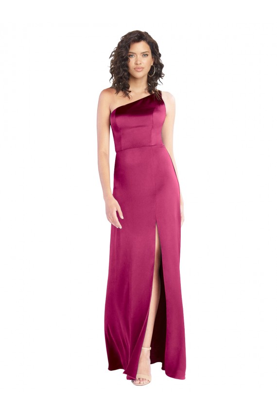Affordable Sleeveless One Shoulder Stretch Satin Fuchsia Long Open Back Prom Dress Canada