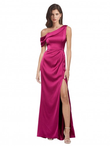 Affordable Sleeveless One Shoulder Stretch Satin Fuchsia Long Prom Dress Canada