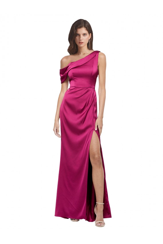 Affordable Sleeveless One Shoulder Stretch Satin Fuchsia Long Prom Dress Canada