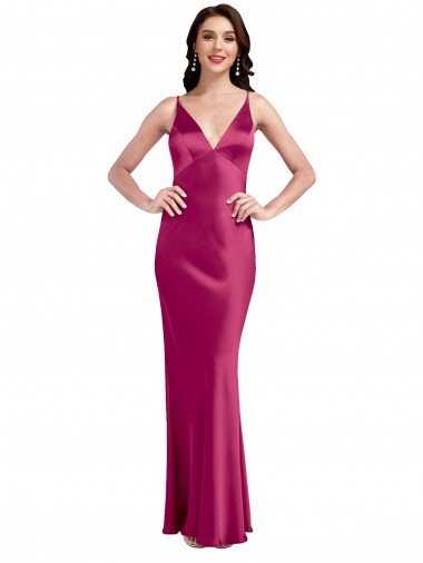 Affordable Sleeveless V-Neck Stretch Satin Fuchsia Long Prom Dress Canada